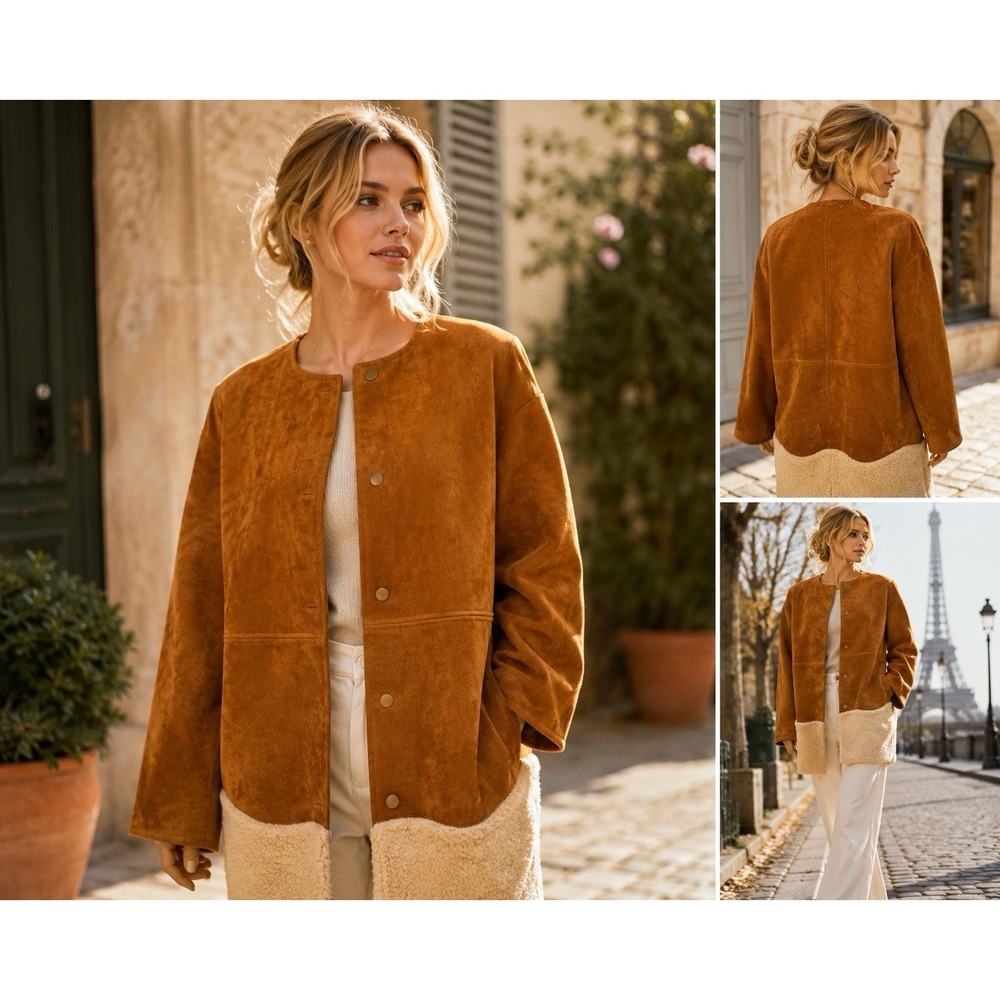 Zara Brown Faux Suede Long Coat Sz M Button Up Mid Length Teddy Trim